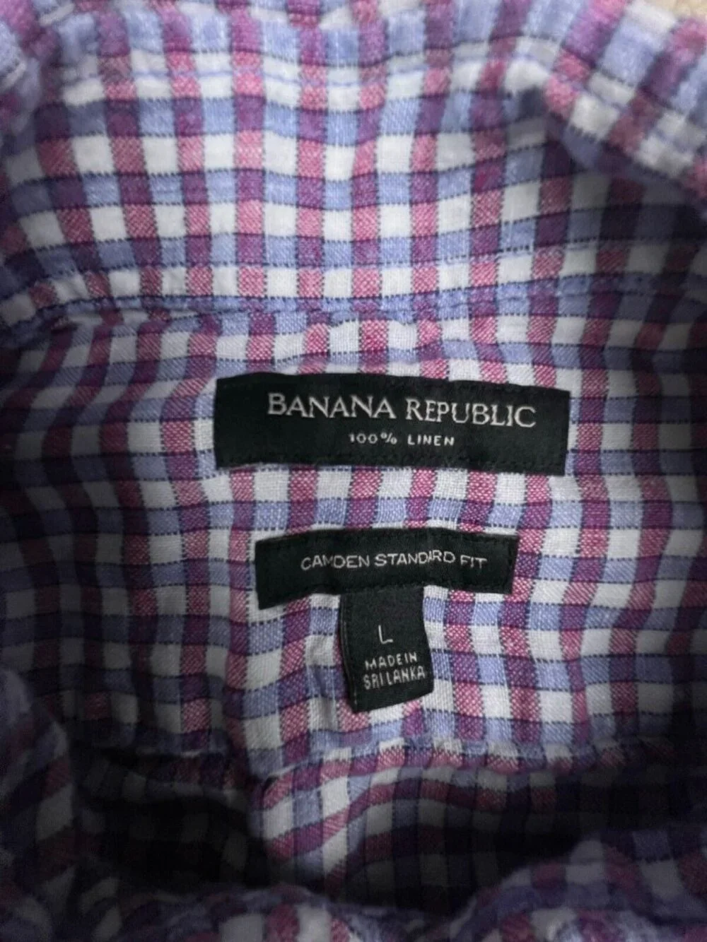 Banana Republic Linen Camden Standard Fit Button Up Shirt Large Purple Check
